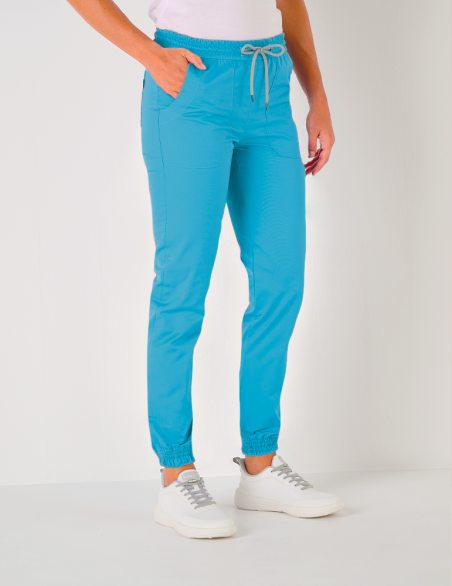 Pantalon femme Luna by Belissa - couleur bleu océan - taille élastique + cordon. Vue de face