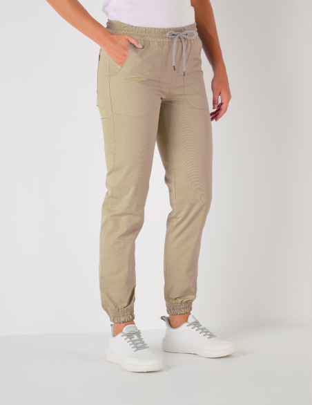 Pantalon femme Luna by Belissa - couleur sable - taille élastique + cordon. Vue de dos