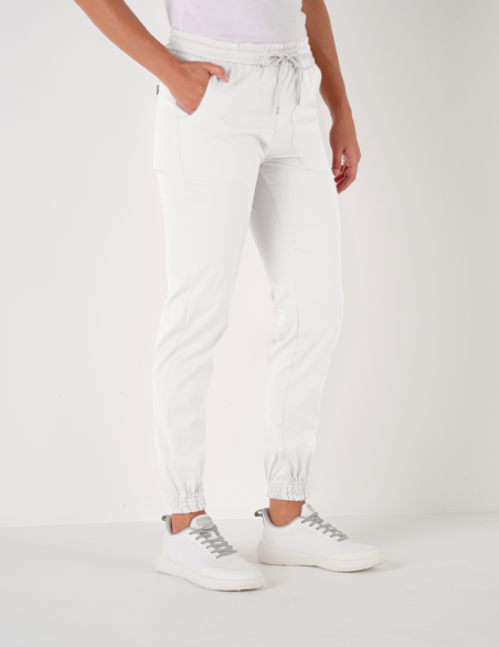 Pantalon femme Nouméa by Belissa - couleur blanc - taille élastique + cordon. Vue de face
