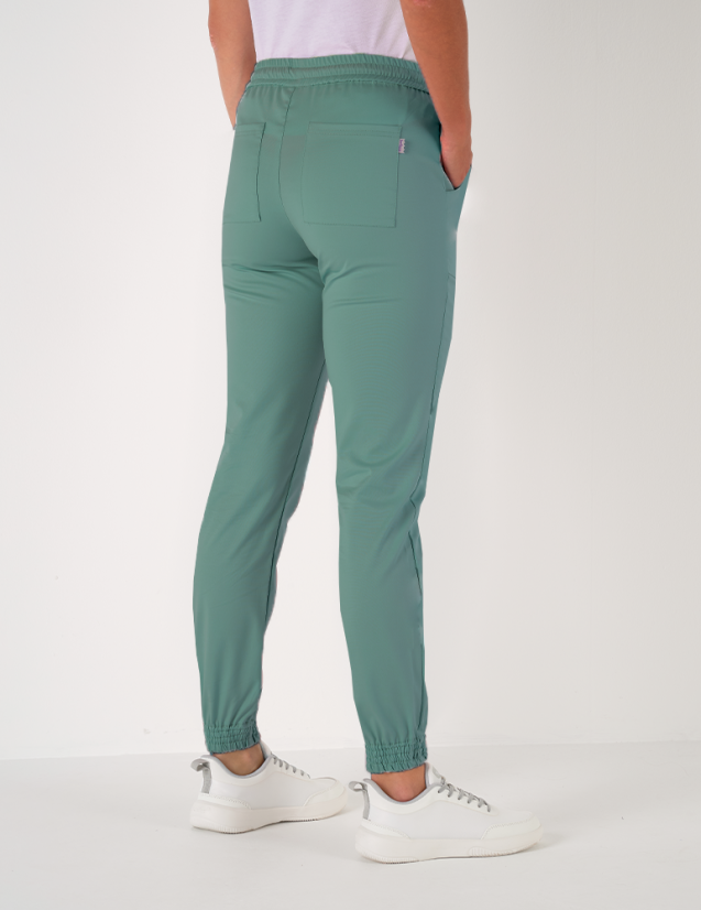 Pantalon femme Nouméa by Belissa - couleur olive - taille élastique + cordon. Vue de dos
