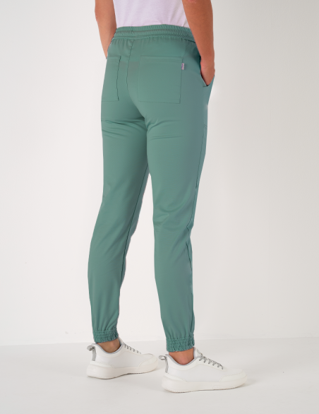 Pantalon femme Nouméa by Belissa - couleur olive - taille élastique + cordon. Vue de dos