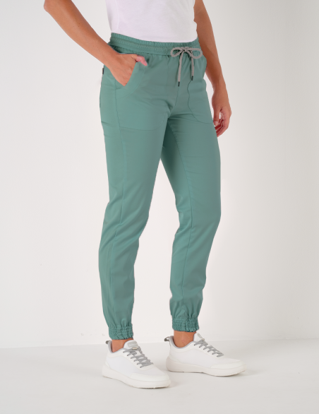 Pantalon femme Nouméa by Belissa - couleur olive - taille élastique + cordon. Vue de face
