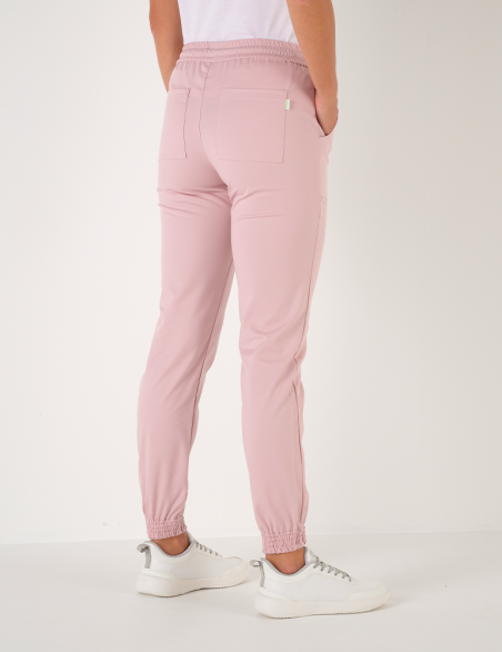 Pantalon femme Nouméa by Belissa - couleur rose pale - taille élastique + cordon. Vue de dos