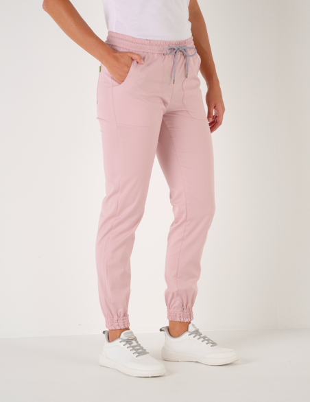 Pantalon femme Nouméa by Belissa - couleur rose pale - taille élastique + cordon. Vue de face