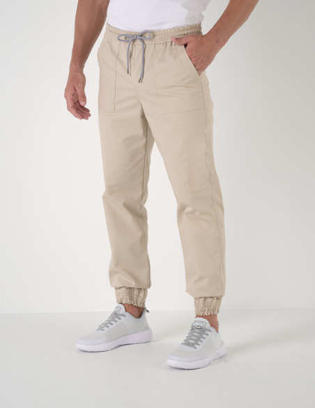 OSLO pantalon homme taille élastique avec cordon, couleur beige - Marque Belissa - Porté vue de face