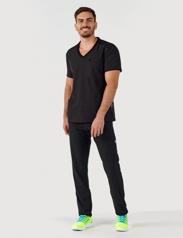 Tenue médicale homme - couleur noir - col en V - Vue en pied - Marque Fit for Work by Belissa - Medical sportswear