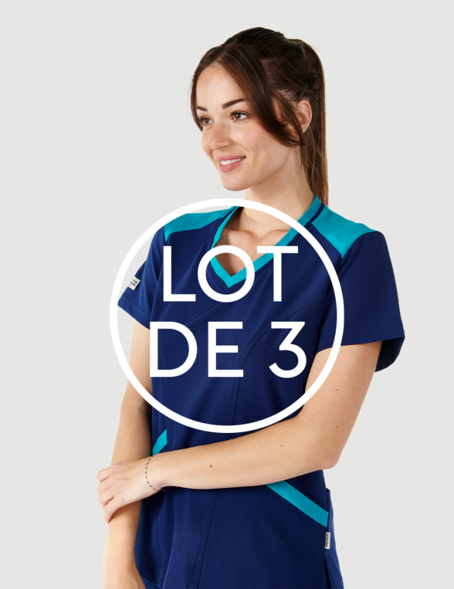 Tunique médicale femme marine et turquoise- col en V - Marque Fit for Work by Belissa - Medical sportswear
