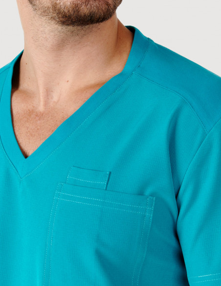 Détail col en V tunique médicale homme - couleur turquoise - Marque Fit for Work by Belissa - Medical sportswear